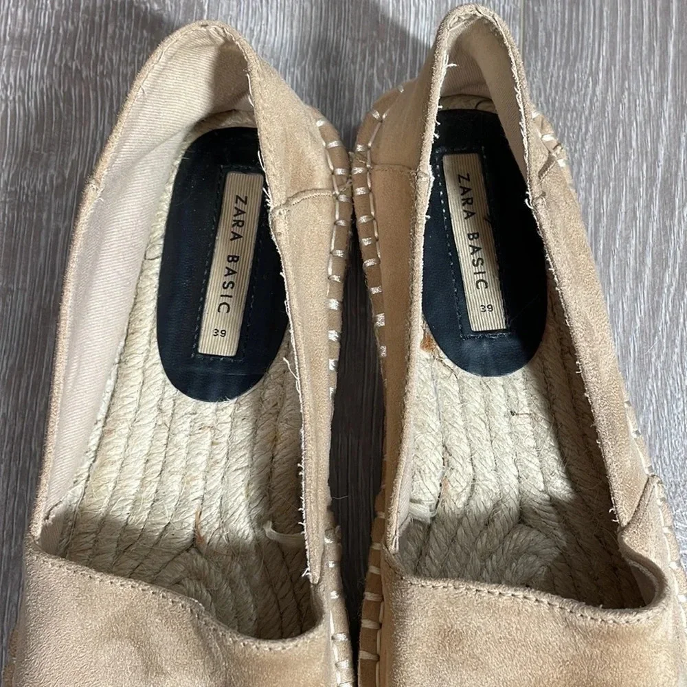Zara Basic Faux Suede Espadrilles Slip On Flats Black Tan 8.5 (39)